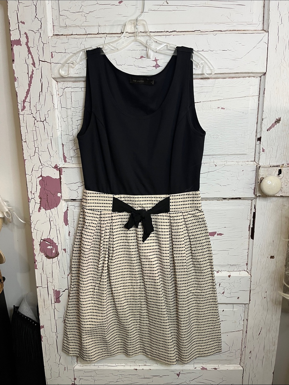 The Limited Black and Cream Polka-Dot Fit & Flare Dress with Bow Sz 6